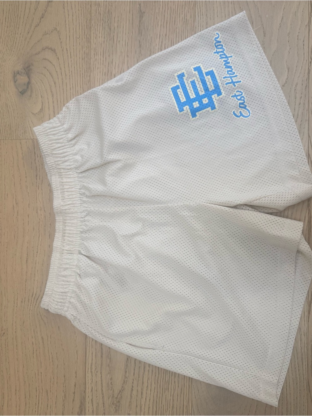 Eric Emanuel White Mesh Shorts with Light Blue Logo